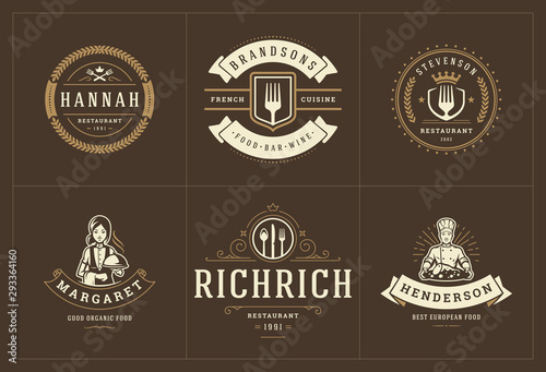 Restaurant logos templates set vector illustration good for menu labels and cafe badges