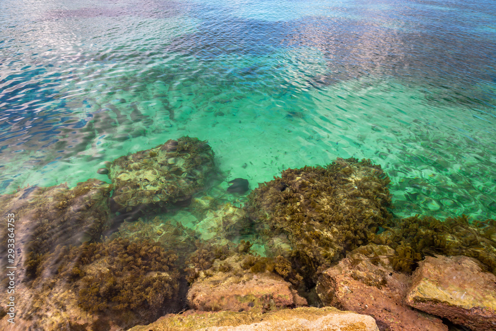 Obraz premium Jamaican Coastal View. Exposure done by the water of the clean and pristine green and blue water of the caribbean.