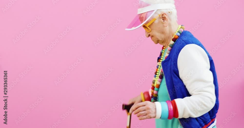 Funny grandmother portraits. Old woman on colored backgrounds