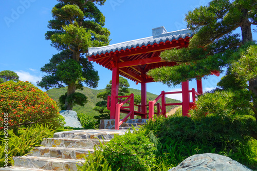 Japanese garden with red pagoda  beatiful landscape and blue sky in dendra park in Vietnam