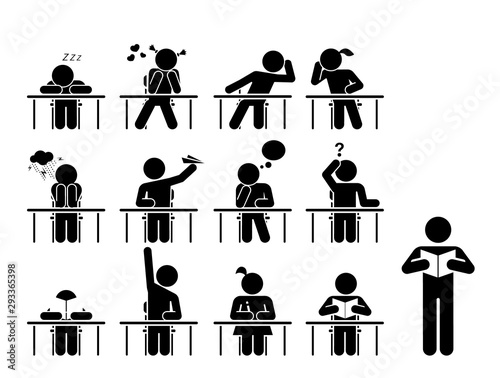 School days. Students in school attending classes. Pictogram icon set.