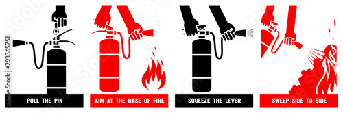 Fire extinguisher label. Fire extinguisher instruction signs. Vector illustration.