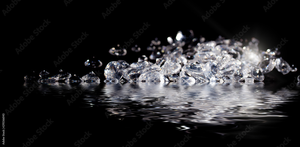 Diamonds reflecting in water on black - obrazy, fototapety, plakaty 
