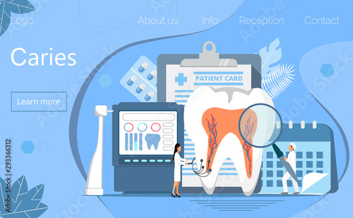 Caries vector concept for dentist landing page. Tiny dentists help toothache, treat pulpitis, to whiten enamel
