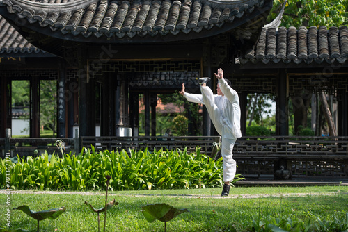 Asian man working out with Tai Chi in the morning at the park, Chinese martial arts, healthy care for life concept. photo