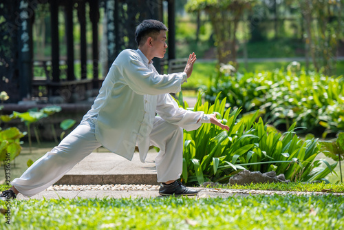 Asian man working out with Tai Chi in the morning at the park, Chinese martial arts, healthy care for life concept. photo