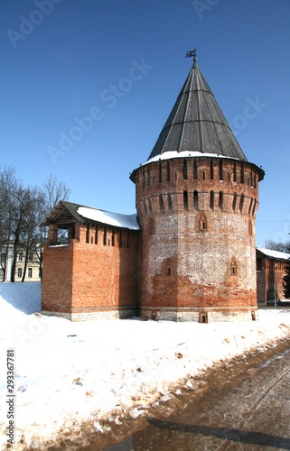 Smolensk Kremlin part of the old fortress wall thunder tower with a wooden roof, Russia