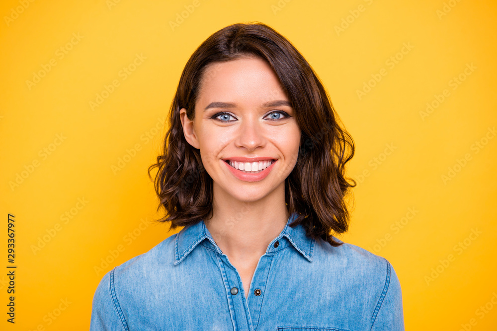 Close up photo of cheerful positive girl have free time enjoy summer vacation wear denim jeans outfit isolated over yellow color background Close up photo of cheerful positive girl have free time enjoy summer vacation wear denim jeans outfit isolated over yellow color background