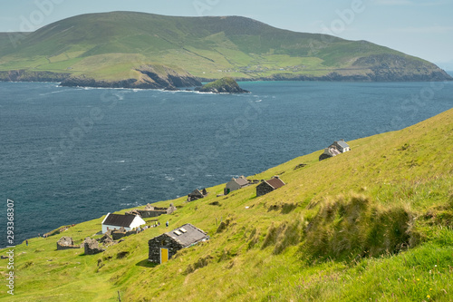 Old cottages in abandoned village at Blasket island