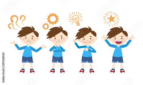 Boy thinking  Emotions and gestures. Think not, do not understand, Think out. The concept of learning and growing children. Cartoon illustrations vector