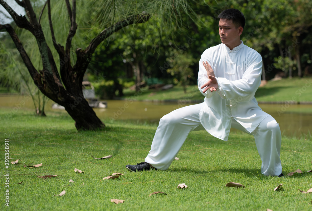 Asian man working out with Tai Chi in the morning at the park, Chinese martial arts, healthy care for life concept.