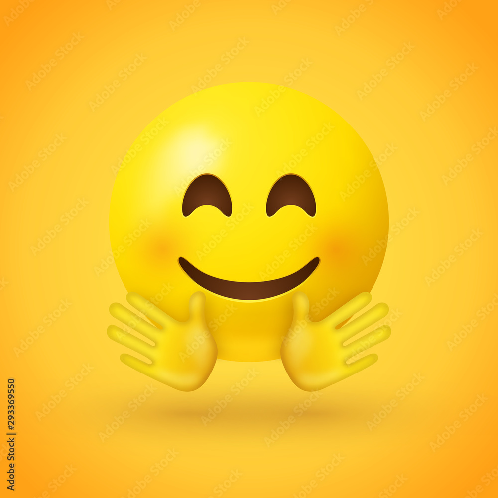 A smiling face emoji with smiling eyes, rosy cheeks, and with open hands,  as if giving a hug on yellow background - emoticon showing a true sense of  happiness Stock Vector |