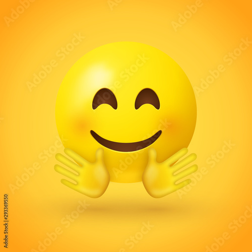 A smiling face emoji with smiling eyes, rosy cheeks, and with open hands, as if giving a hug on yellow background - emoticon showing a true sense of happiness