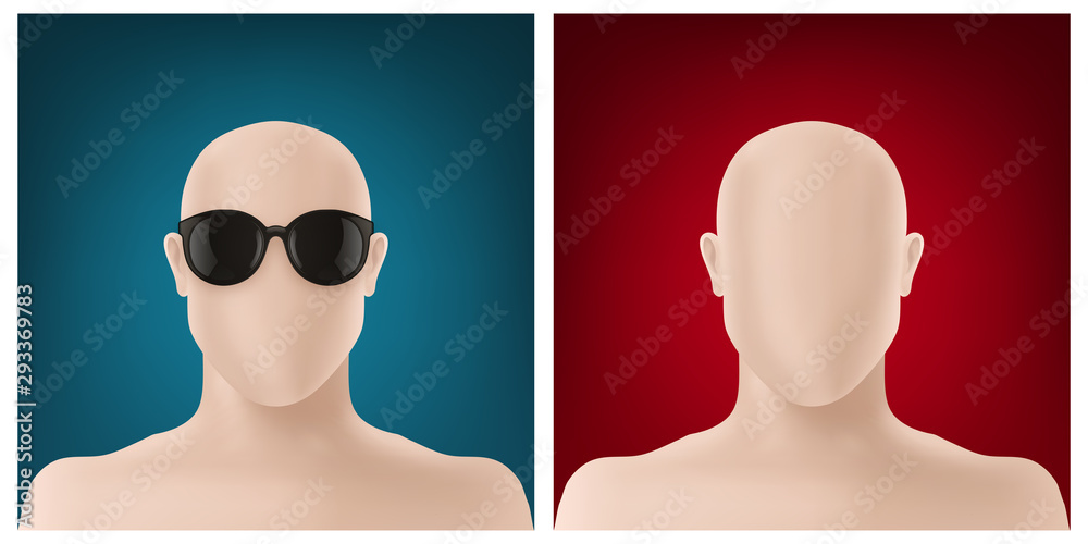 Obraz premium Faceless avatar design set - Incognito design with sunglasses on blue background and simple faceless version on red background