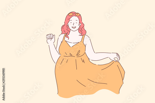 Plus size, plumper, XXL concept. Young happy woman or girl curvaceous full in a good mood posing for the camera. Cute teen fat shy lady smiling uncertainly welcomes, says goodbye. Vector flat design.