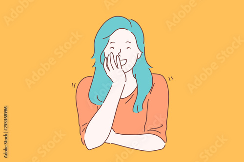 Laugh, joke, smile concept. Young joyous happy woman or girl with charisma laughs carefree. Smiling lady giggling closing her mouth with her hand out loud not hiding her emotions. Vector flat design.
