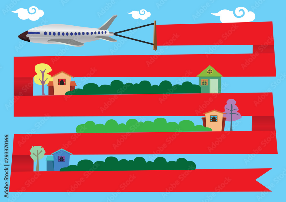 Fototapeta premium Airplane with Red Banner around Residential Area