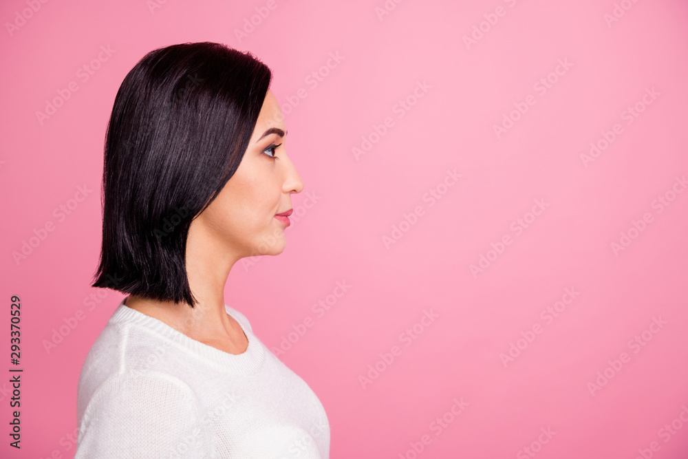 Profile photo of charming business lady looking empty space listening boss ready to do tasks wear white pullover isolated pink color background