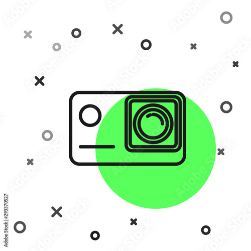 Black line Action extreme camera icon isolated on white background. Video camera equipment for filming extreme sports. Vector Illustration