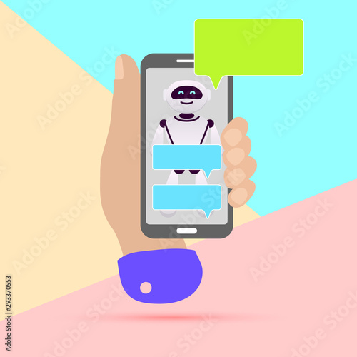 hand holding mobile phone with chat robot bot message notifications on pastel colored blue and pink background. Arm with smartphone and droid chatting bubble speeches