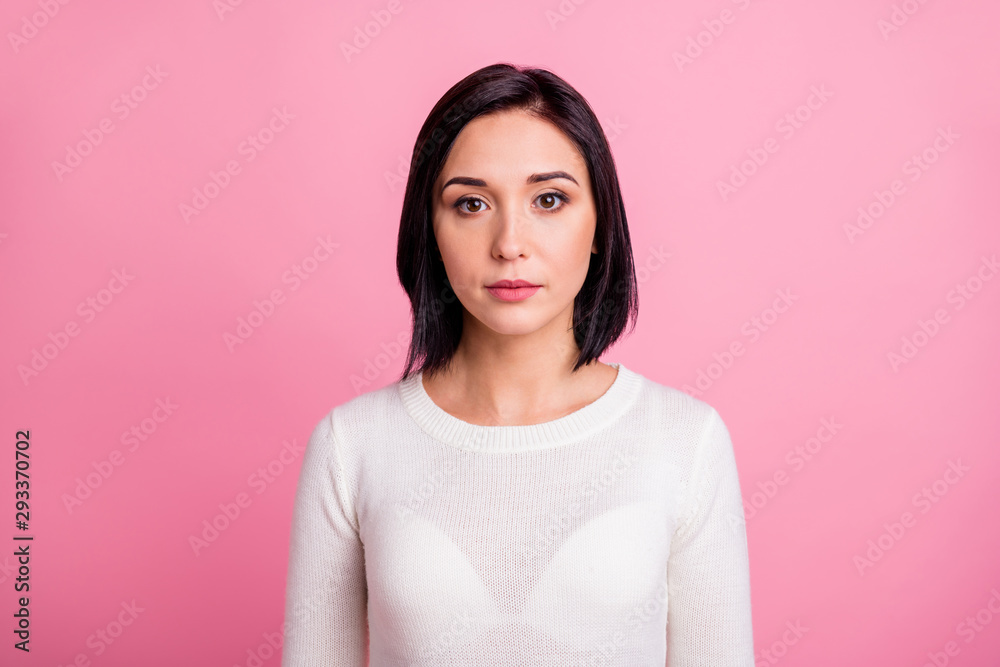 Photo of charming business lady with clever eyes attentively look on camera wear white pullover isolated pink color background Photo of charming business lady with clever eyes attentively look on camera wear white pullover isolated pink color background
