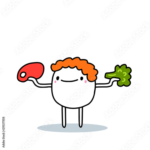 Cartoon man choosing between meat and green broccoli hand drawn vector illustration