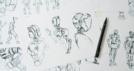 Animator designer Development designing drawing sketching development creating graphic pose characters sci-fi robot Cartoon illustration animation video game film production , animation design studio.