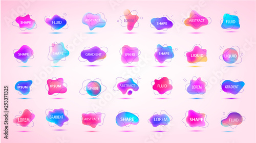 Vector 3d gradient spots set with line shapes isolated. Abstract elements for trendy vibrant color design. Use for logos, tags, labels, background. Fluid blots, wavy drops, flowing elements.