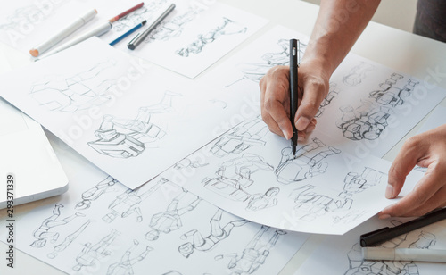 Animator designer Development designing drawing sketching development creating graphic pose characters sci-fi robot Cartoon illustration animation video game film production , animation design studio.