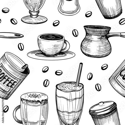 Seamless pattern. Graphic hand drawn coffee cups, can and cezve. Vector background on coffee theme. Sketch style.