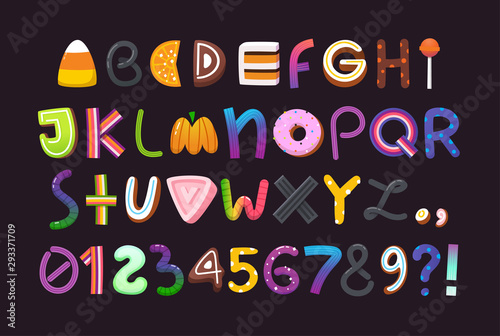 Halloween vector alphabet with letters and numbers made of sweets and candies. Part 3/3