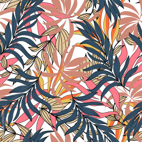 Trendy tropical seamless pattern with beautiful beige and pink leaves and plants on white background. Seamless exotic pattern with tropical plants. Tropic leaves in bright colors.