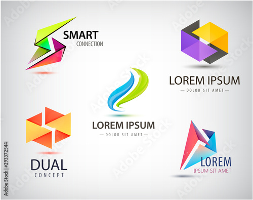 Vector set of Logo templates. Modern abstract unity, 2 parts creative signs, symbols. Design geometric elements. Identity logotype concepts