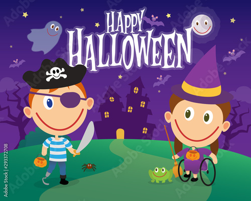 Amputee boy and wheelchair girl dressed as frankenstein and witch on halloween night.