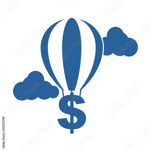 Hot air balloon with US Dollar sign and clouds. Flat style. Isolated on white background. 