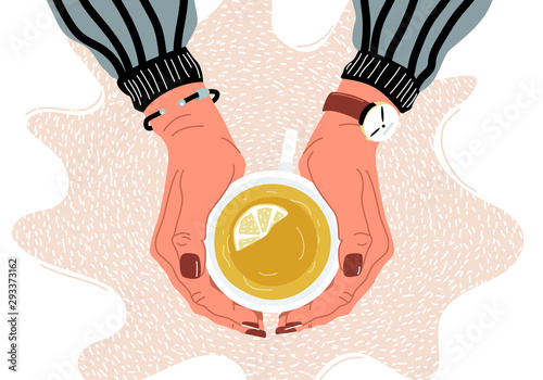 Hands holding teacup top view flat vector illustration