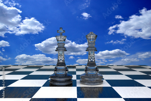 3D illustration two glass chess pieces against a blue sky