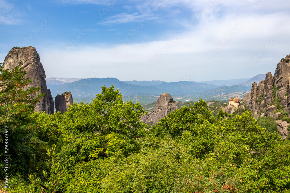 Meteora Valley with the Holy Monastery of Saint Nicholas of Anapafsas in the distance, Eastern Orthodox monastery complex of Meteora, Central Greece