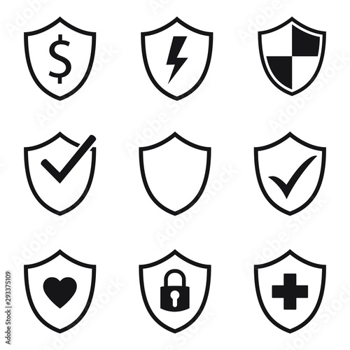 Vector shield protection icon set black on white