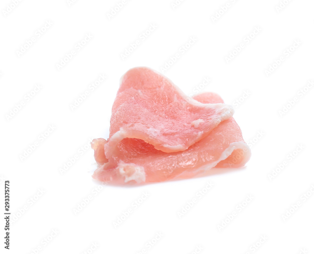 Raw pork meat with parsley herb leaves isolated on white background Raw pork meat with parsley herb leaves isolated on white background