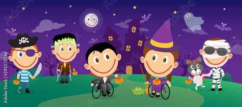 Disabled children in halloween costumes characters set. Vector group illustration