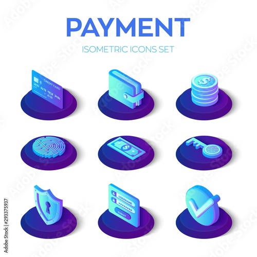 Online payments isons set. 3D isometric mobile payments icons. Personal data protection. Credit card, wallet, money, check and software access data as confidential. Vector illustration.
