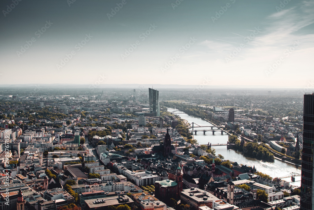 Panorama view of the city and the river Main from above on a morning sunny day. Frankfurt am Main, Germany