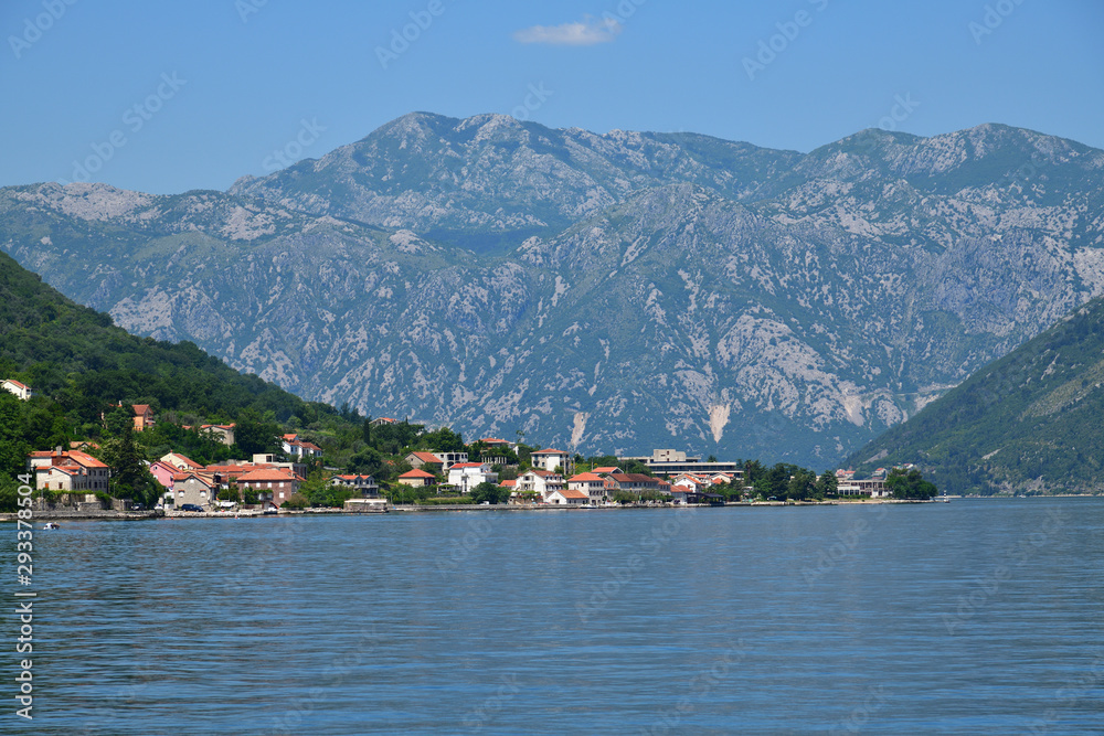 view of the Bay of Kotor and houses on the coast in Montenegro