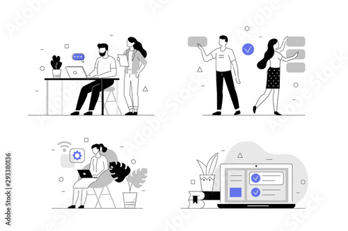 Business People Characters Together Set. Man and Woman Working, Discussing and Meeting in Coworking Office. Coworkers and Freelancers Creative Team. Flat Line Vector Illustration.