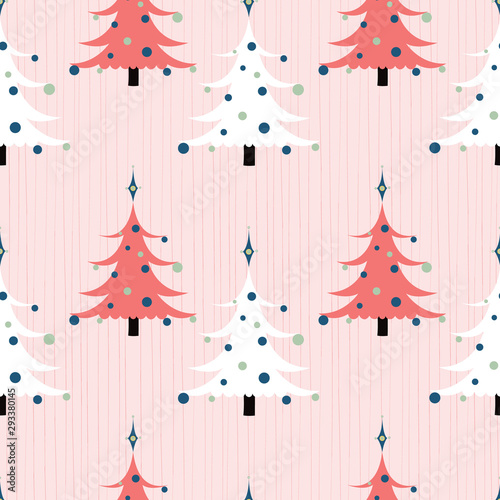 Abstract Christmas trees seamless pattern with 1950s flair. Pink, coral, black and white with textured background. Great for gift wrapping paper, decorations, textiles and home decor accents. Vector.