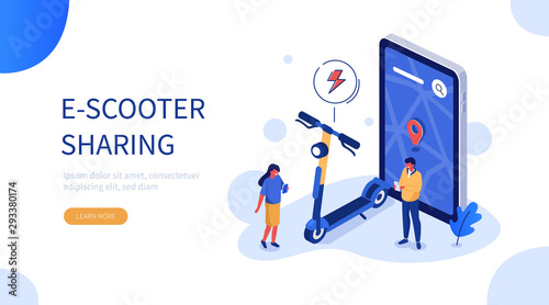 People Characters Using E-Scooter Sharing for City Travel. Man and Woman Picking up Electric Scooter. Eco Friendly  and Shared Mobility Vehicle Concept. Flat Cartoon Vector Illustration.