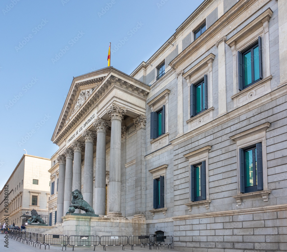 The Congress of Deputies built in 1850 (Congreso de los Diputados). Here meets the lower house of the Cortes Generales, Spain's legislative branch.