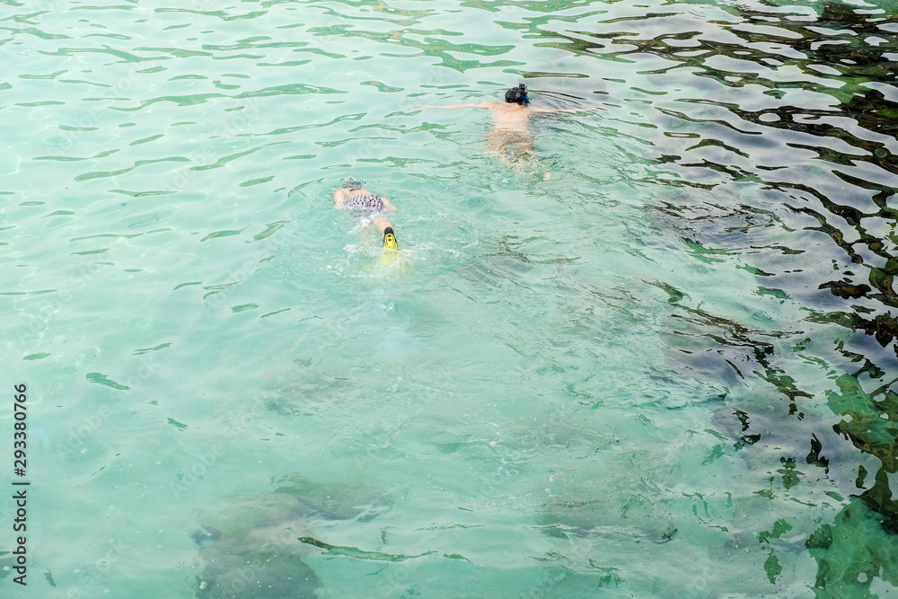 Perhentian Island, Malaysia - August 15th, 2018 : Snorkeling in crystal clear water in Perhentian Island.