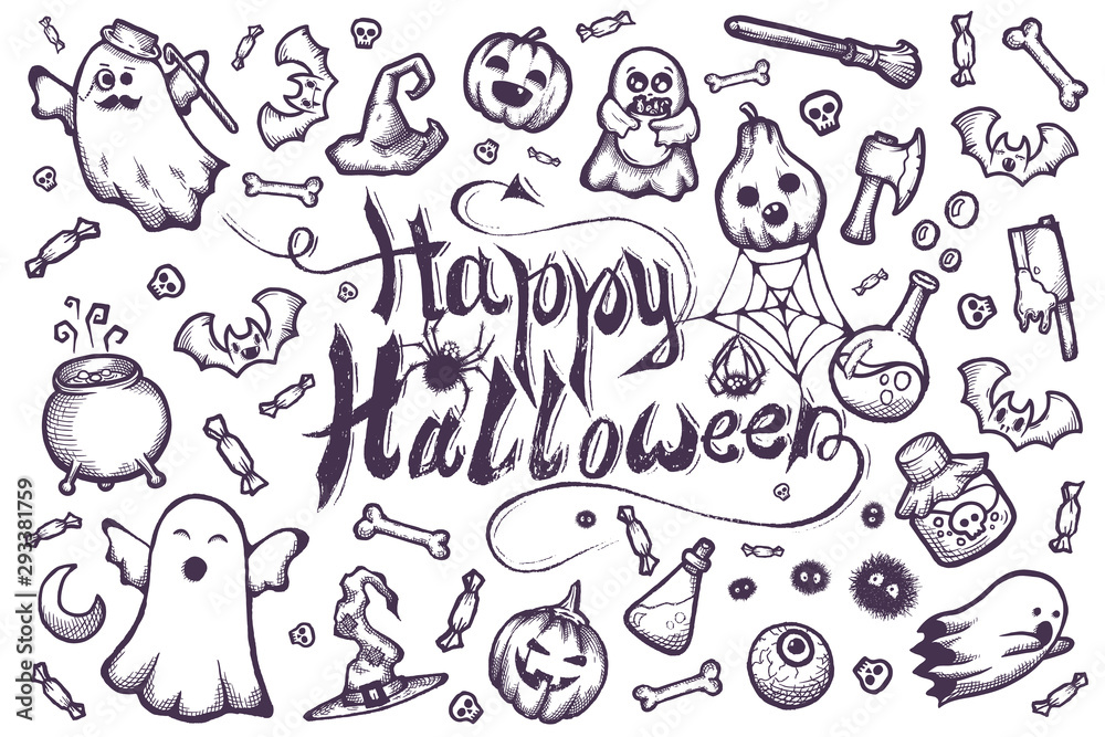 Hand-drawn set of many Halloween cartoon doodles. Hand-drawn set of many Halloween cartoon doodles.
